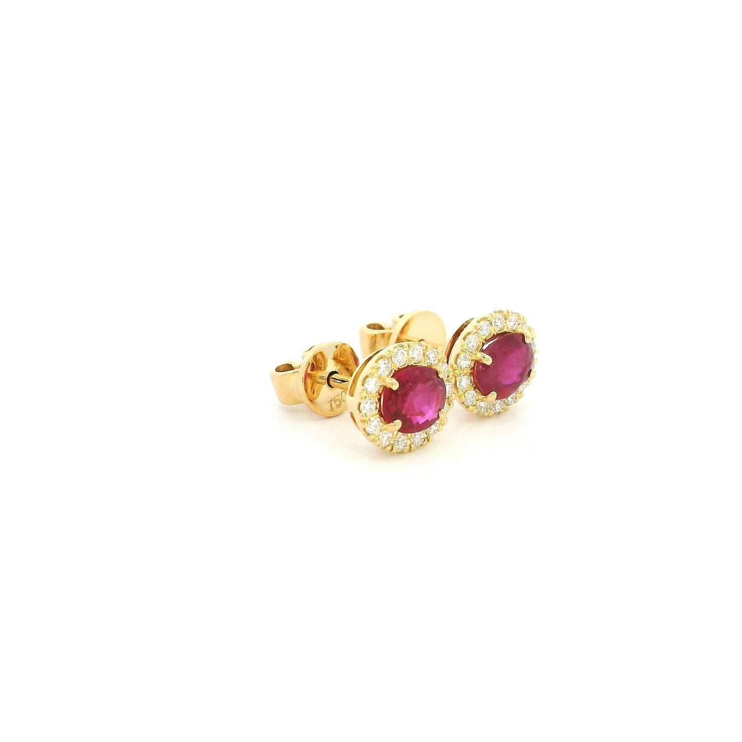 18K yellow gold natural ruby diamond halo stud earrings featuring round rubies surrounded by brilliant natural diamonds.