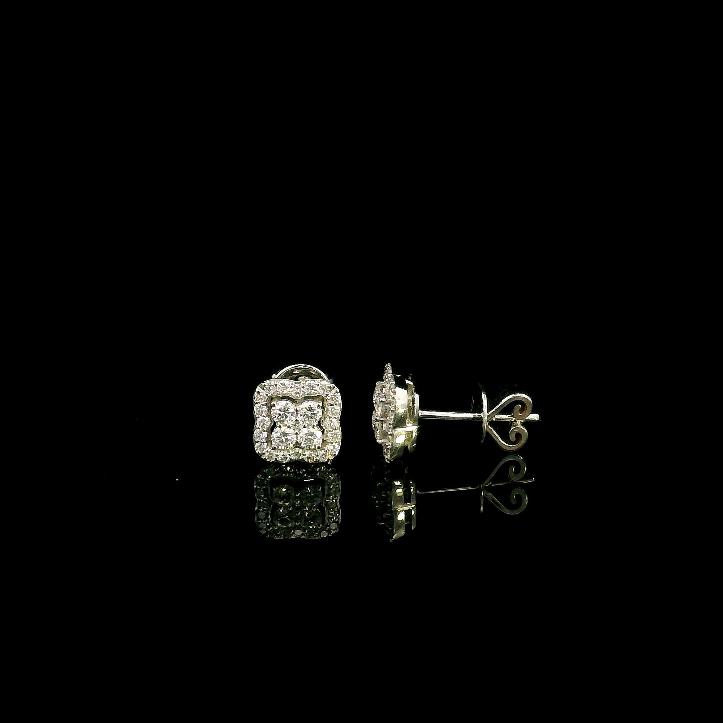 18K white gold cushion halo diamond stud earrings featuring 0.44 carat natural round brilliant diamonds in a sparkling cluster design with secure butterfly backs.