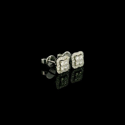 18K white gold cushion halo diamond stud earrings featuring 0.44 carat natural round brilliant diamonds in a sparkling cluster design with secure butterfly backs.