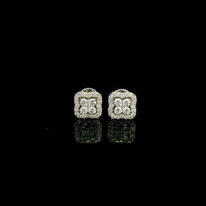 18K white gold cushion halo diamond stud earrings featuring 0.44 carat natural round brilliant diamonds in a sparkling cluster design with secure butterfly backs.