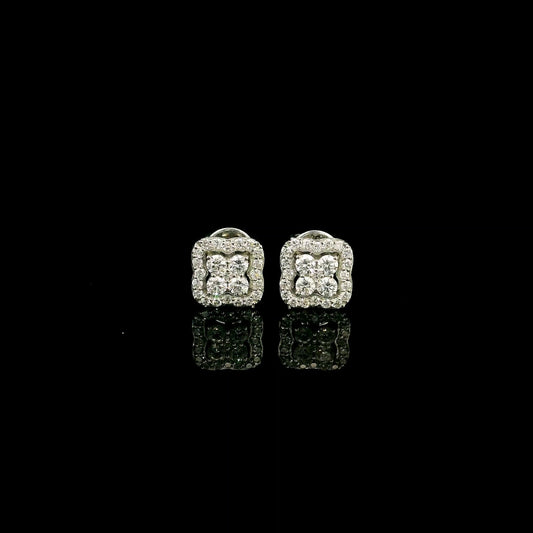 18K white gold cushion halo diamond stud earrings featuring 0.44 carat natural round brilliant diamonds in a sparkling cluster design with secure butterfly backs.