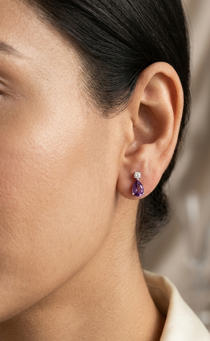 18K White Gold Amethyst Earrings with Diamond Accents