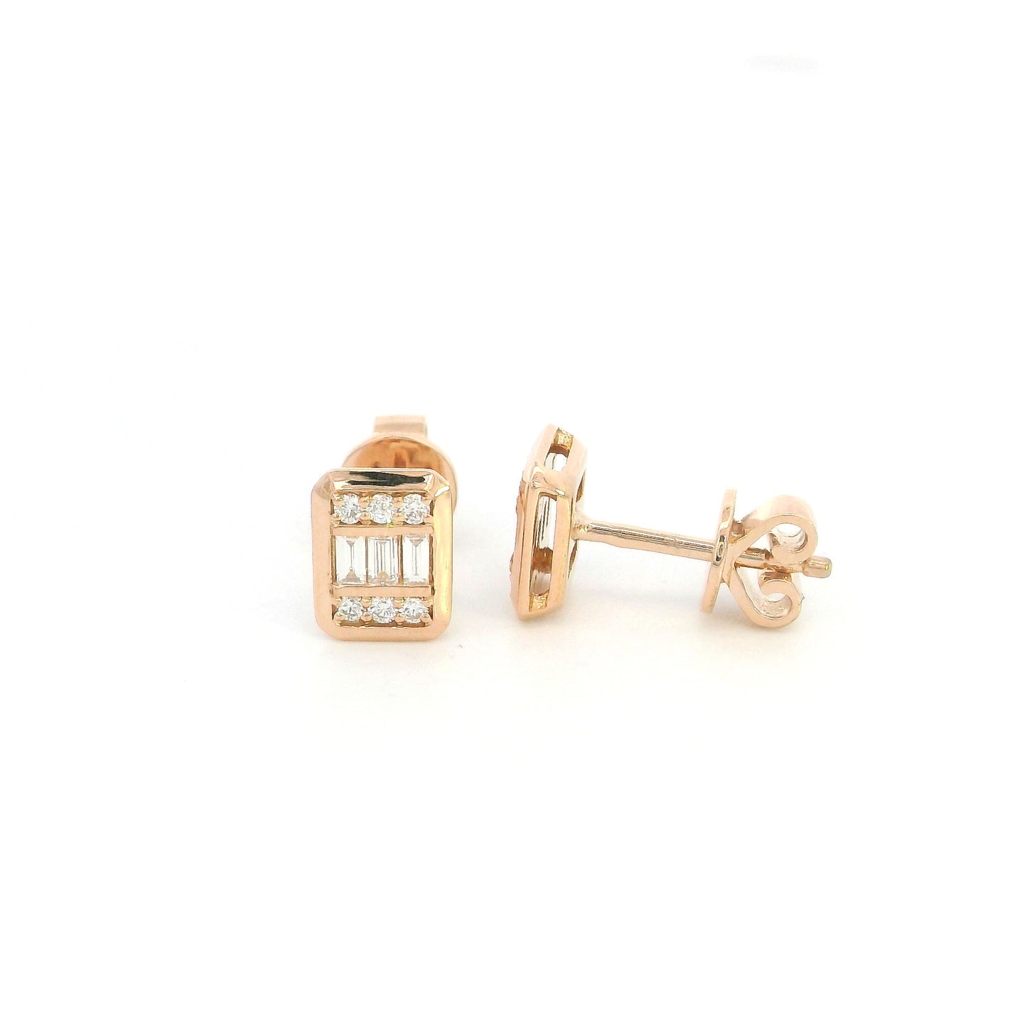 18K rose gold rectangular diamond stud earrings featuring baguette-cut and round brilliant natural diamonds with a total diamond weight of 0.22 Carat.