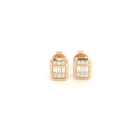 18K rose gold rectangular diamond stud earrings featuring baguette-cut and round brilliant natural diamonds with a total diamond weight of 0.22 Carat.