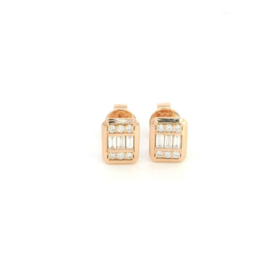 18K rose gold rectangular diamond stud earrings featuring baguette-cut and round brilliant natural diamonds with a total diamond weight of 0.22 Carat.