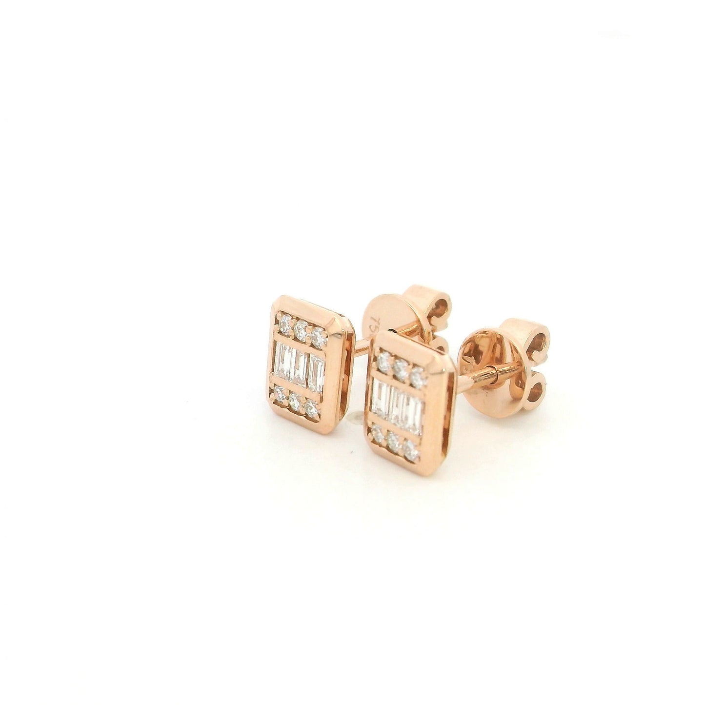 18K rose gold rectangular diamond stud earrings featuring baguette-cut and round brilliant natural diamonds with a total diamond weight of 0.22 Carat.
