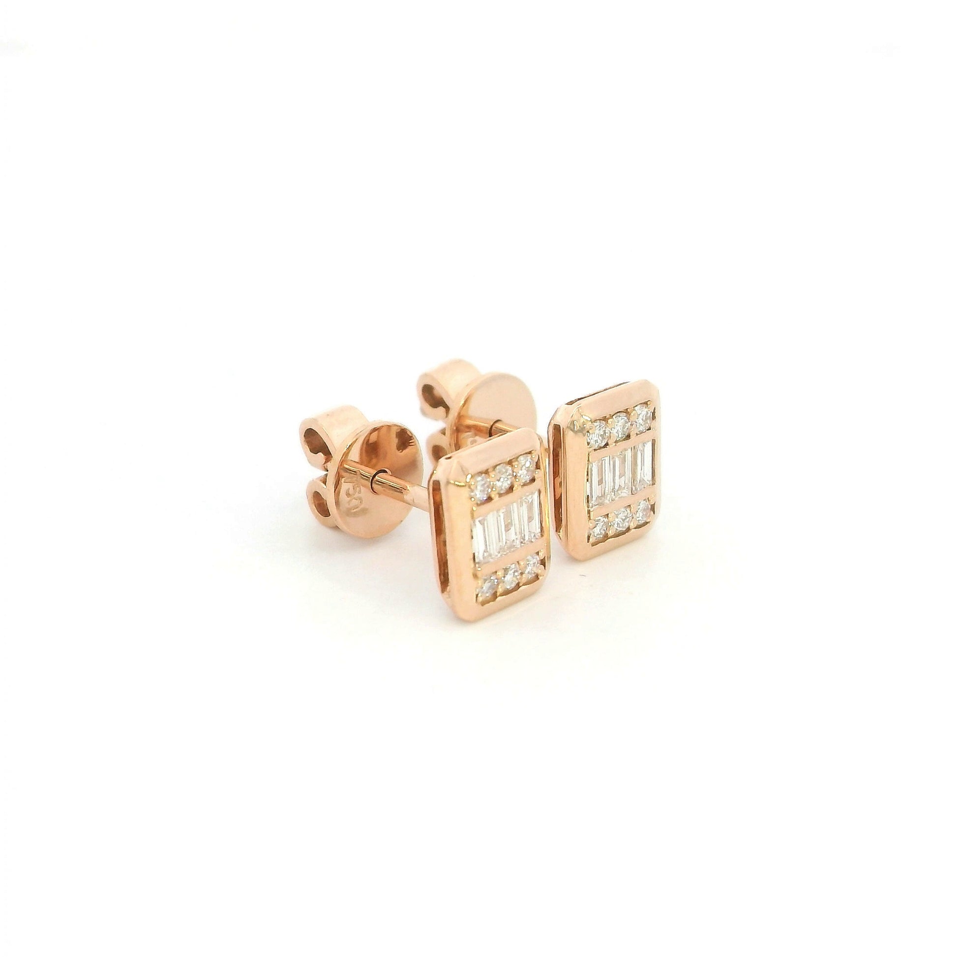 18K rose gold rectangular diamond stud earrings featuring baguette-cut and round brilliant natural diamonds with a total diamond weight of 0.22 Carat.