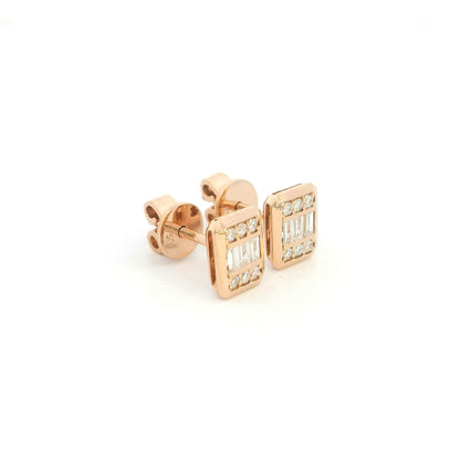 18K rose gold rectangular diamond stud earrings featuring baguette-cut and round brilliant natural diamonds with a total diamond weight of 0.22 Carat.