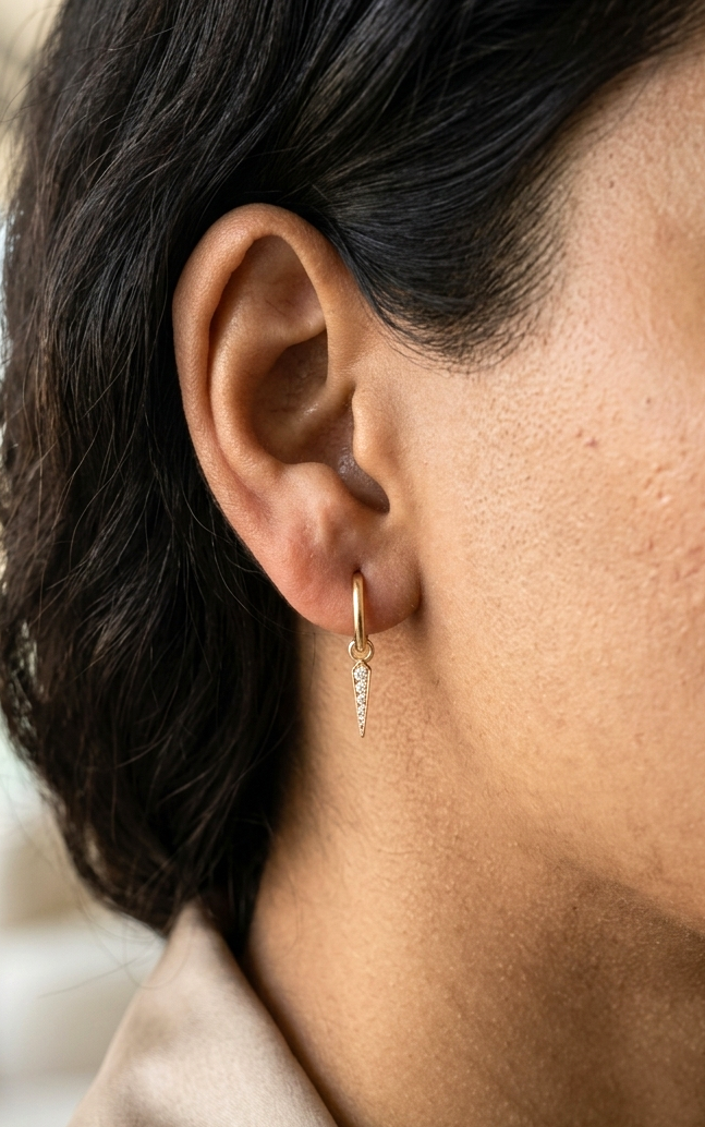 18K yellow gold convertible diamond hoop earrings with removable pavé diamond spike charms, natural diamonds, minimalist luxury fine jewellery by Emirates Diamonds.