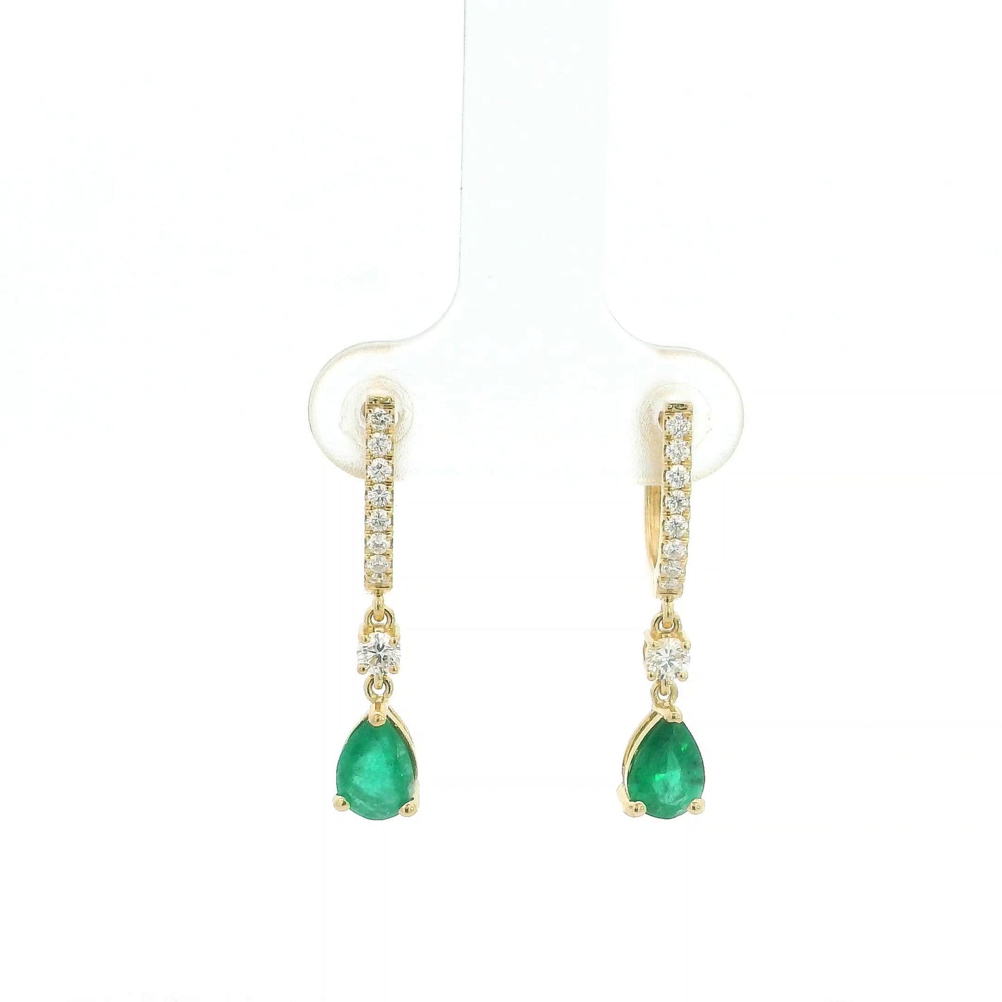 18K Yellow Gold Emerald Drop Earrings featuring 1.00 carat natural pear-shaped emeralds suspended from diamond huggie hoops with 0.31 carat natural diamonds.