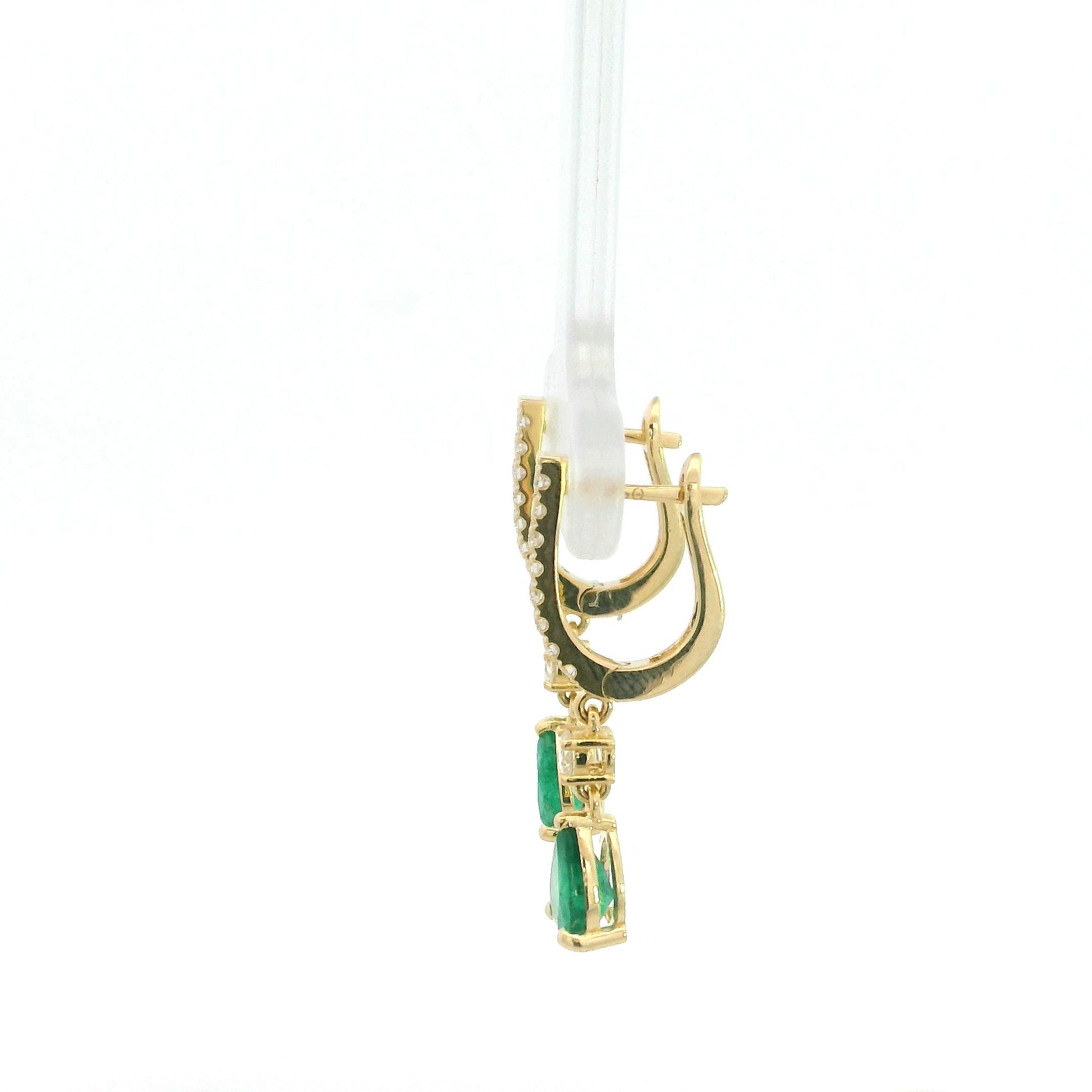 18K Yellow Gold Emerald Drop Earrings featuring 1.00 carat natural pear-shaped emeralds suspended from diamond huggie hoops with 0.31 carat natural diamonds.