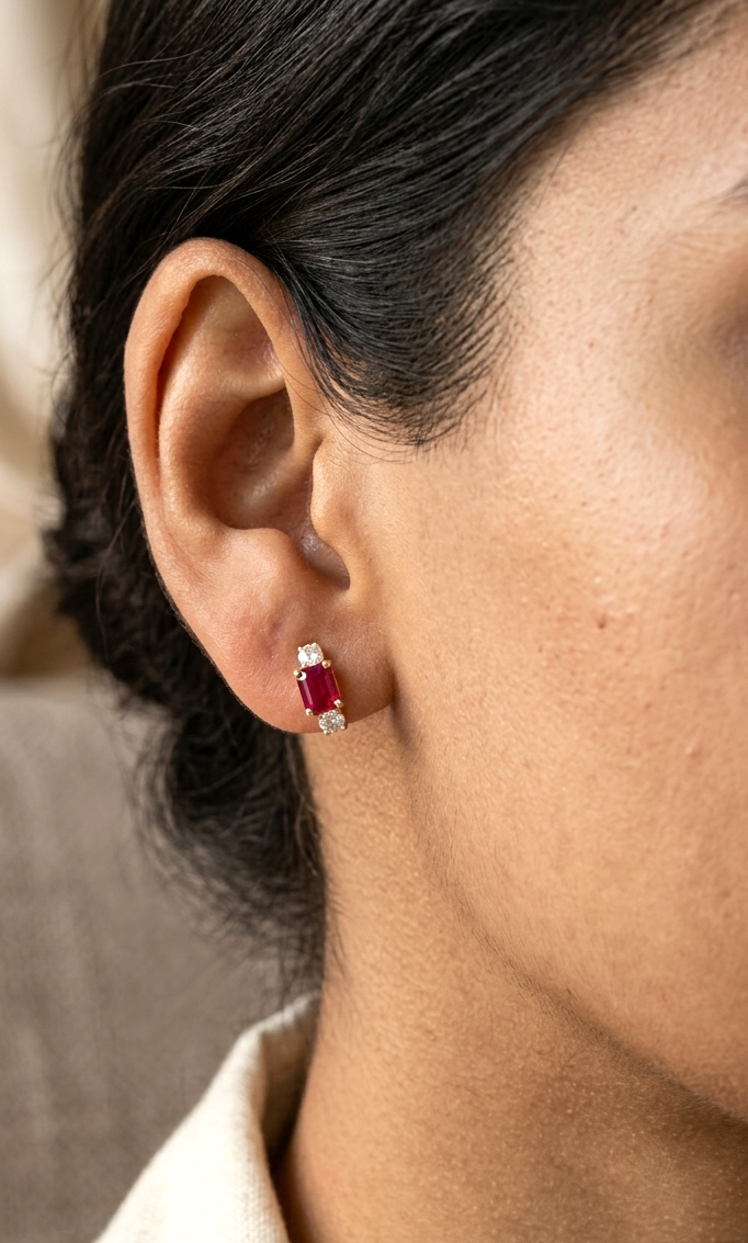 18K Yellow Gold Ruby Hoop Earrings with Natural Diamonds