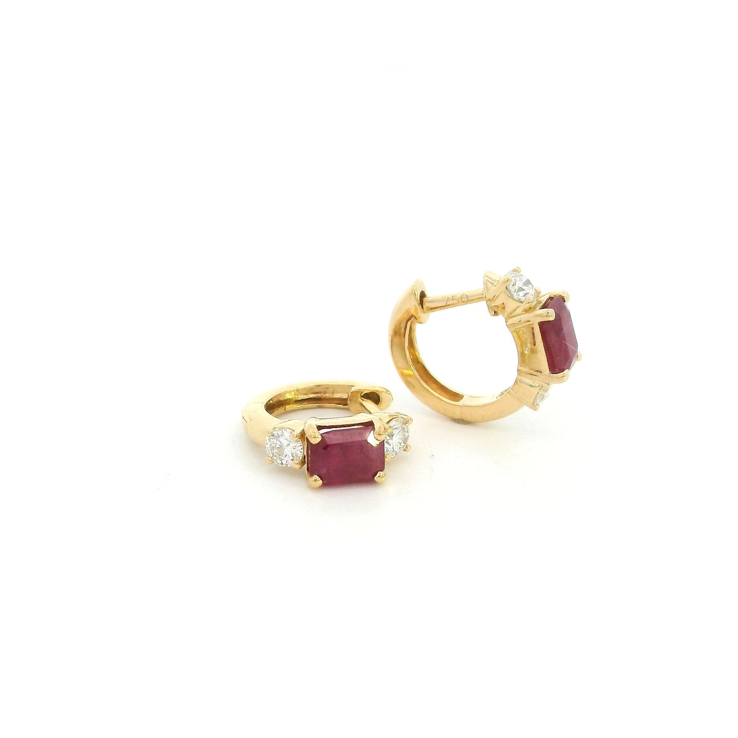 18K Yellow Gold Ruby Hoop Earrings with Natural Diamonds
