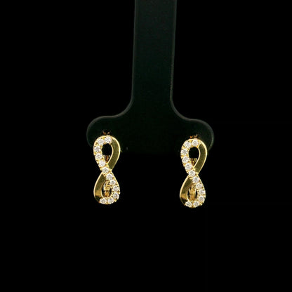 18K yellow gold infinity diamond earrings featuring natural round brilliant diamonds in a pavé setting with a total diamond weight of 0.22 carat.