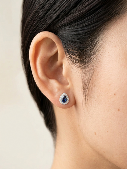 18K Yellow Gold Pear Shaped Blue Sapphire Halo Stud Earrings