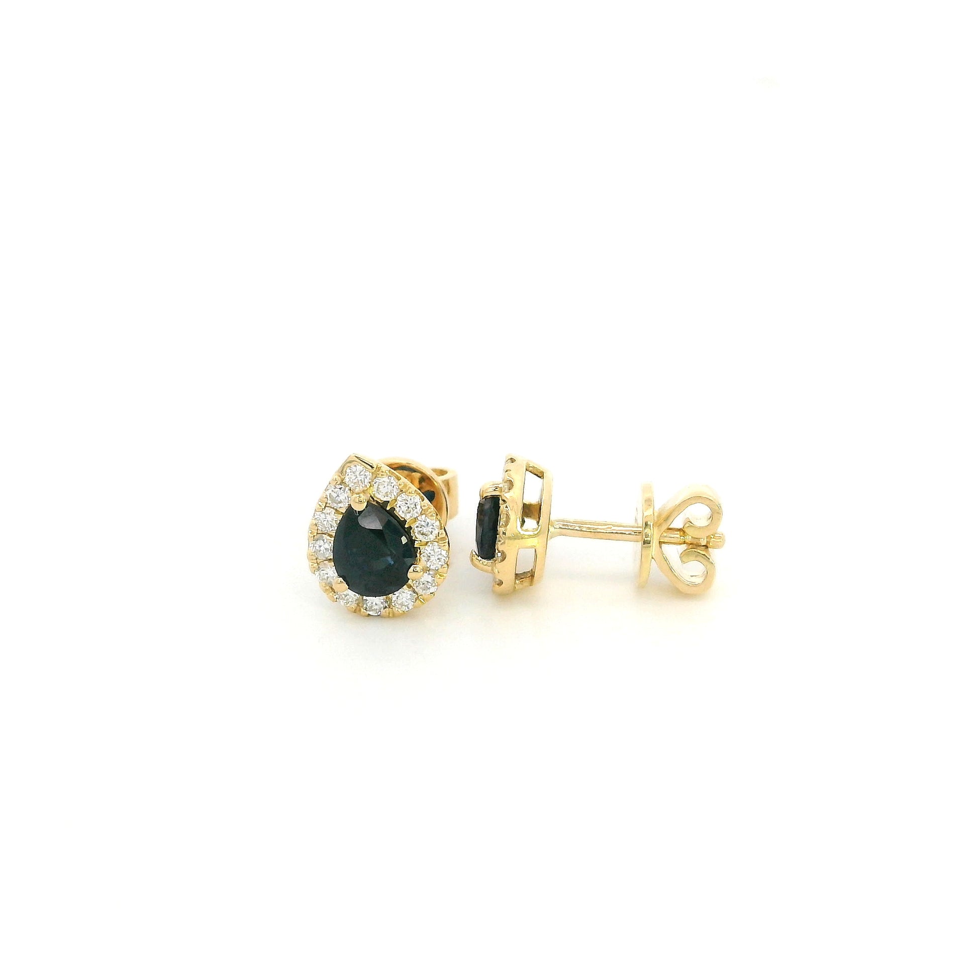 18K Yellow Gold Pear Shaped Blue Sapphire Halo Stud Earrings
