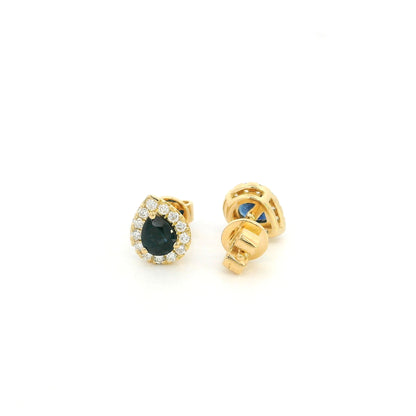 18K Yellow Gold Pear Shaped Blue Sapphire Halo Stud Earrings