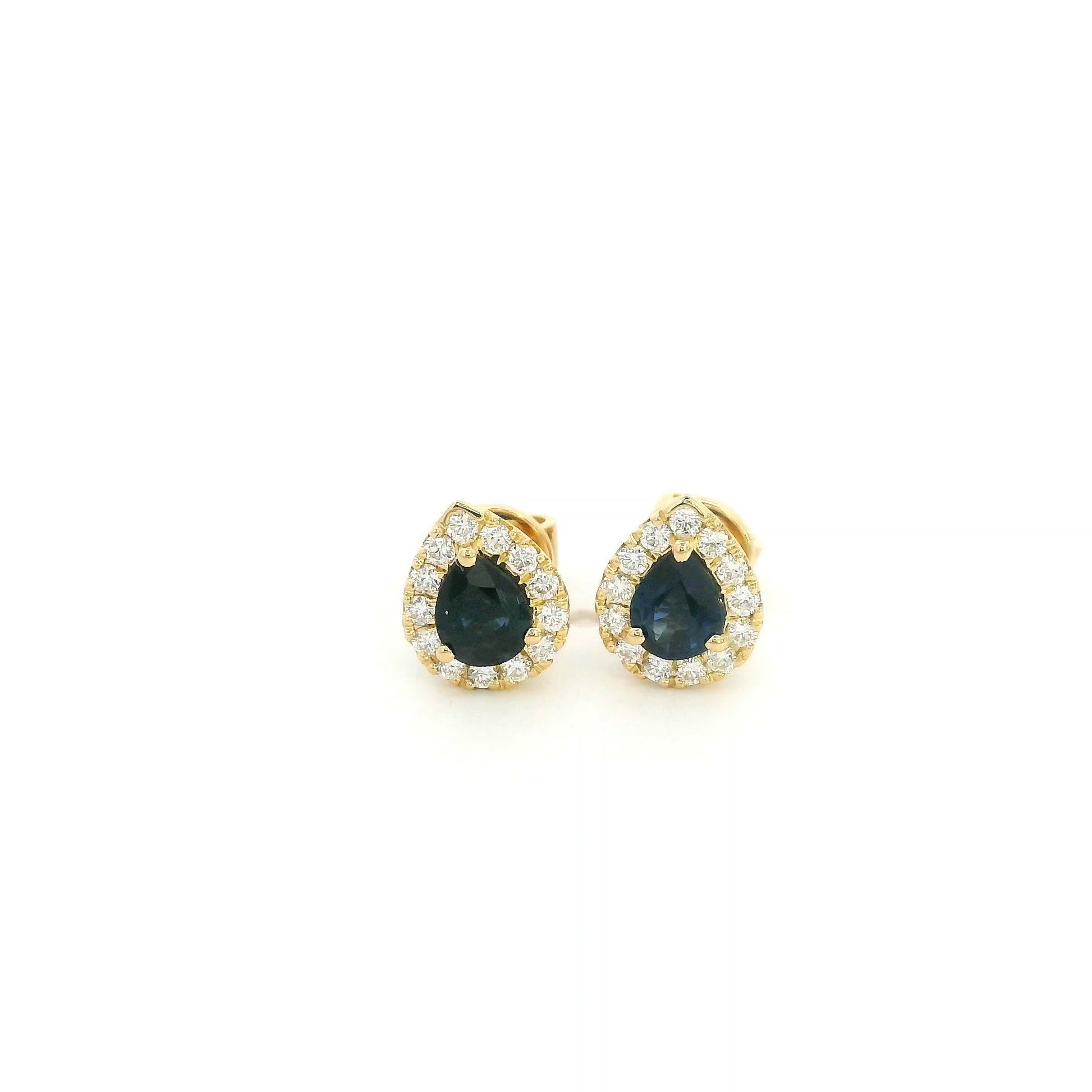 18K Yellow Gold Pear Shaped Blue Sapphire Halo Stud Earrings