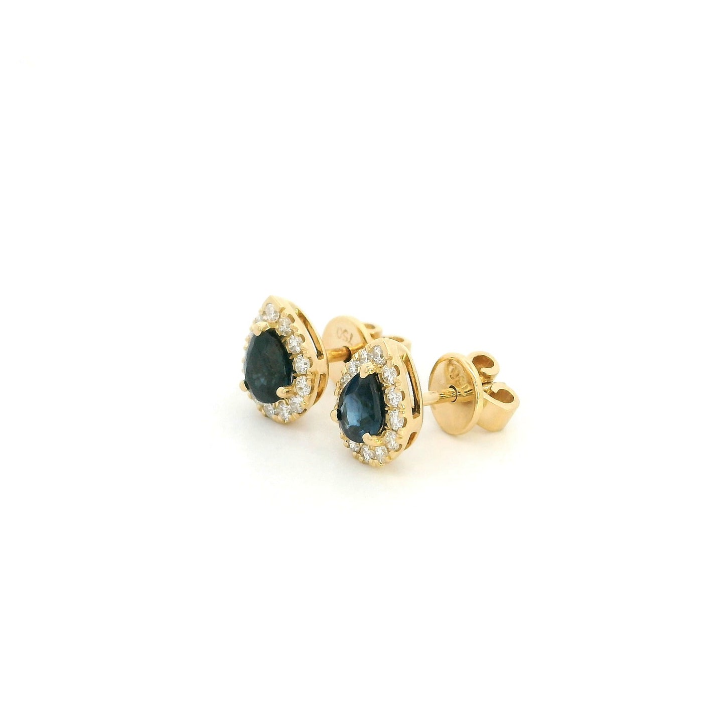 18K Yellow Gold Pear Shaped Blue Sapphire Halo Stud Earrings