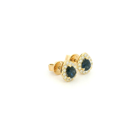 18K Yellow Gold Pear Shaped Blue Sapphire Halo Stud Earrings