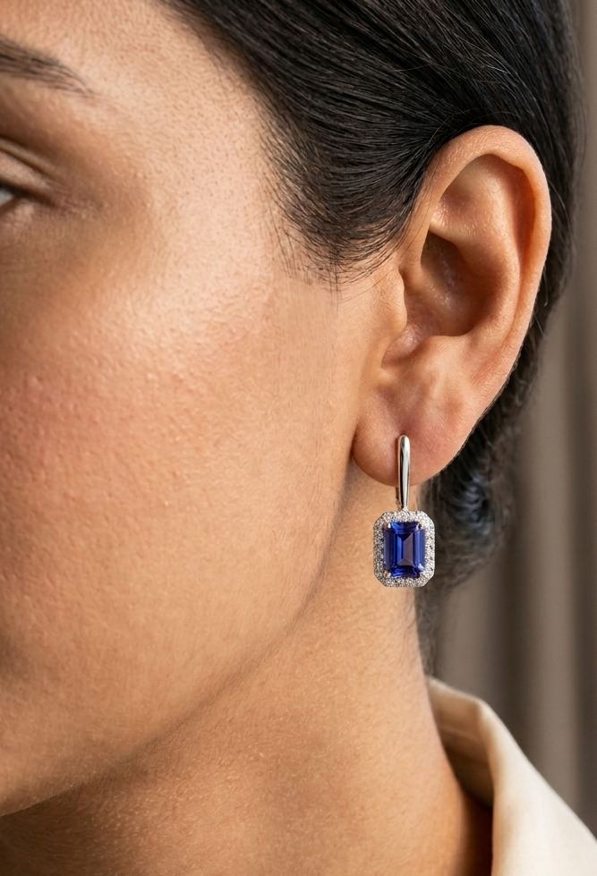Tanzanite Halo Drop Earrings in 18K White Gold