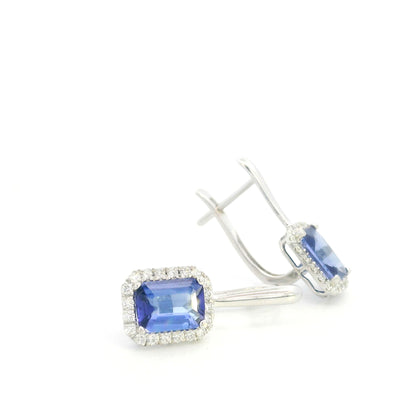 Tanzanite Halo Drop Earrings in 18K White Gold