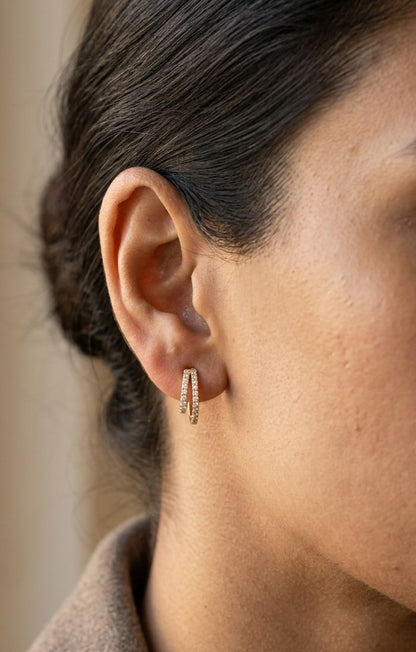 Double row diamond earrings in 18K yellow gold with curved parallel rows of round diamonds