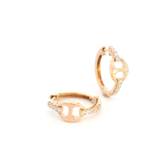 18K Rose Gold Diamond Huggie Hoop Earrings with Modern Open Link Design
