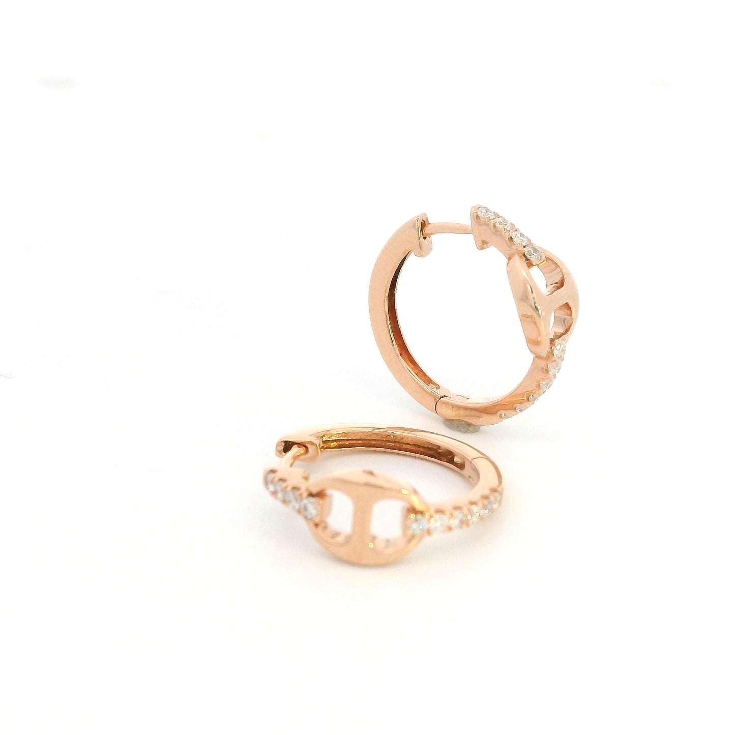 18K Rose Gold Diamond Huggie Hoop Earrings with Modern Open Link Design