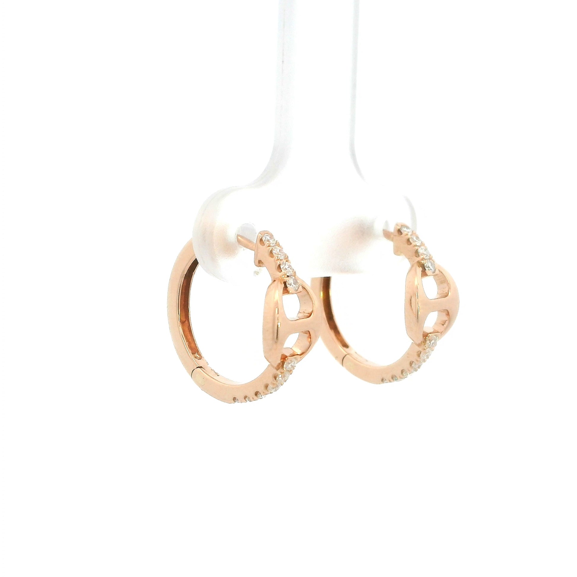 18K Rose Gold Diamond Huggie Hoop Earrings with Modern Open Link Design