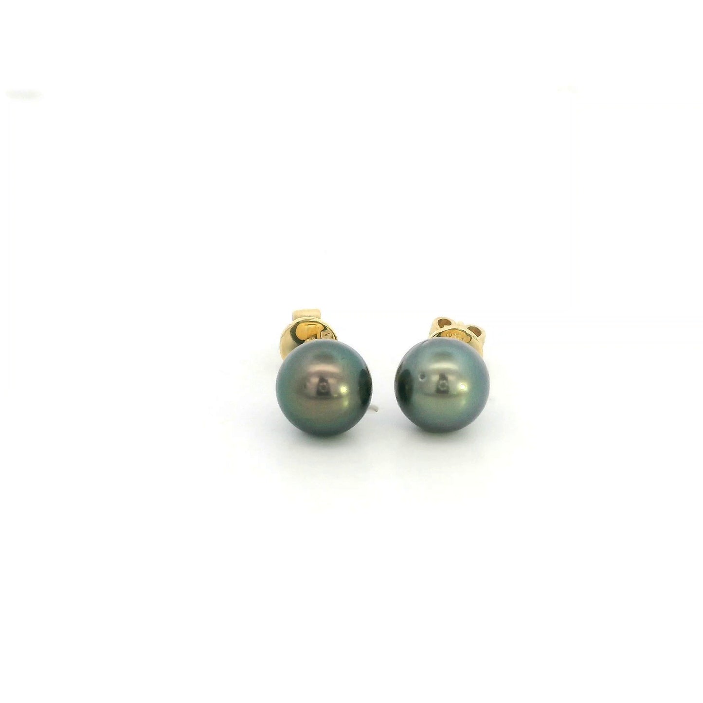 Tahitian black pearl stud earrings in 18K yellow gold with 7 x 7.5 mm pearls