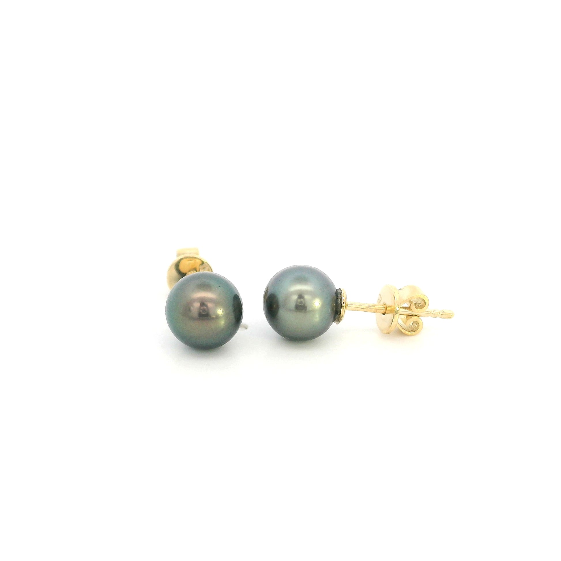 Tahitian black pearl stud earrings in 18K yellow gold with 7 x 7.5 mm pearls
