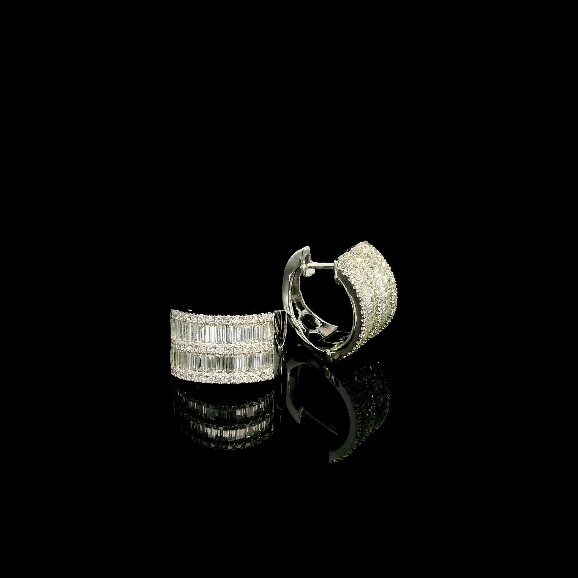 18K white gold baguette and round diamond huggie hoop earrings with multi-row diamond design