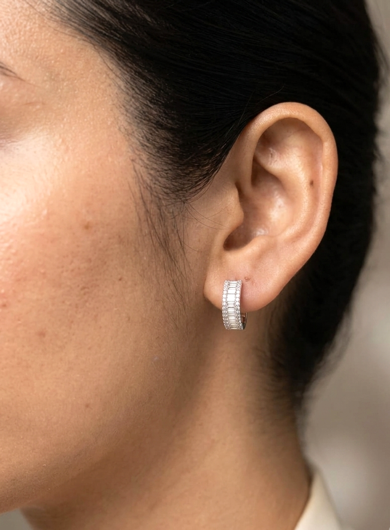 Baguette Diamond Hoop Earrings in 18K White Gold | Emirates Diamonds