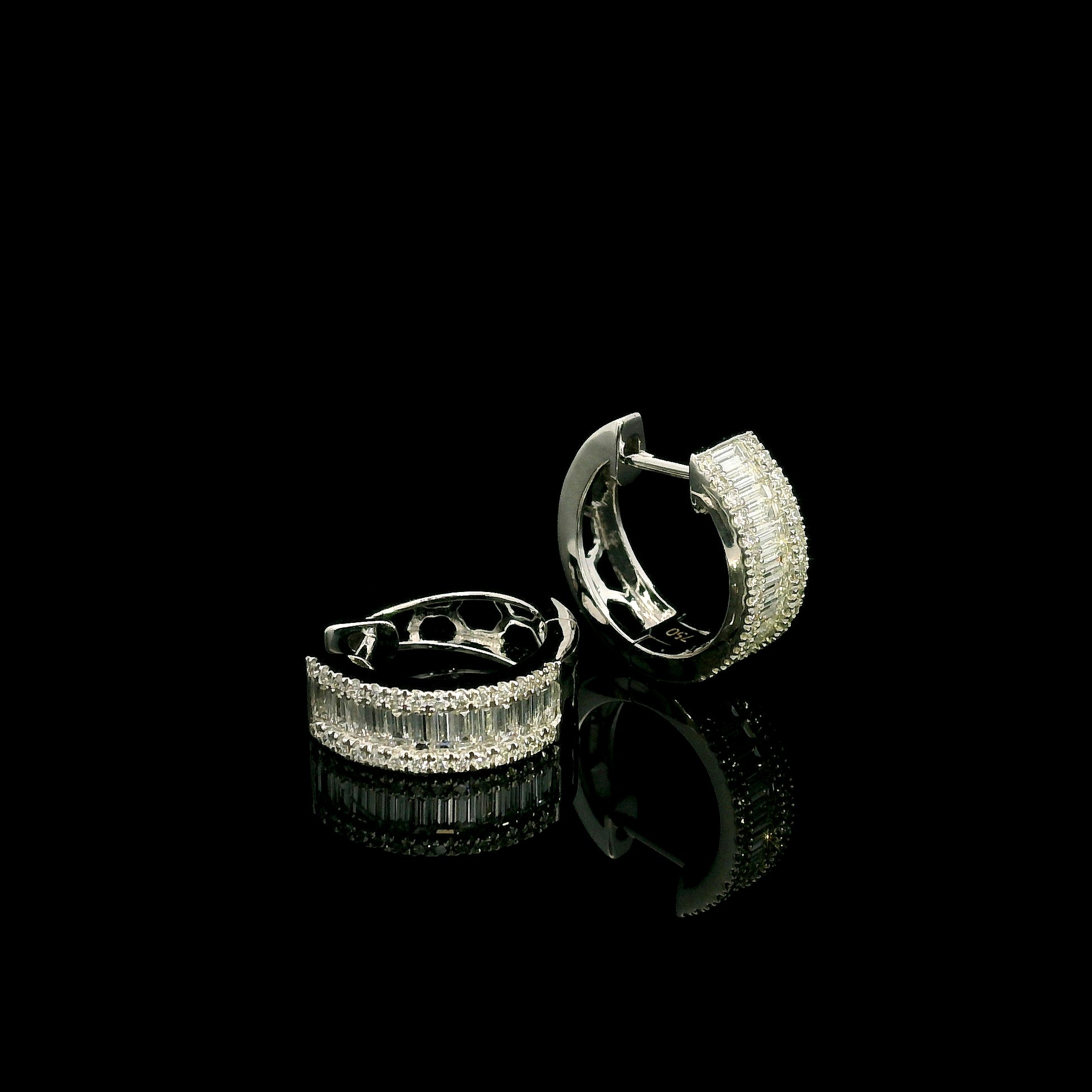 18K White Gold Baguette and Round Diamond Hoop Earrings