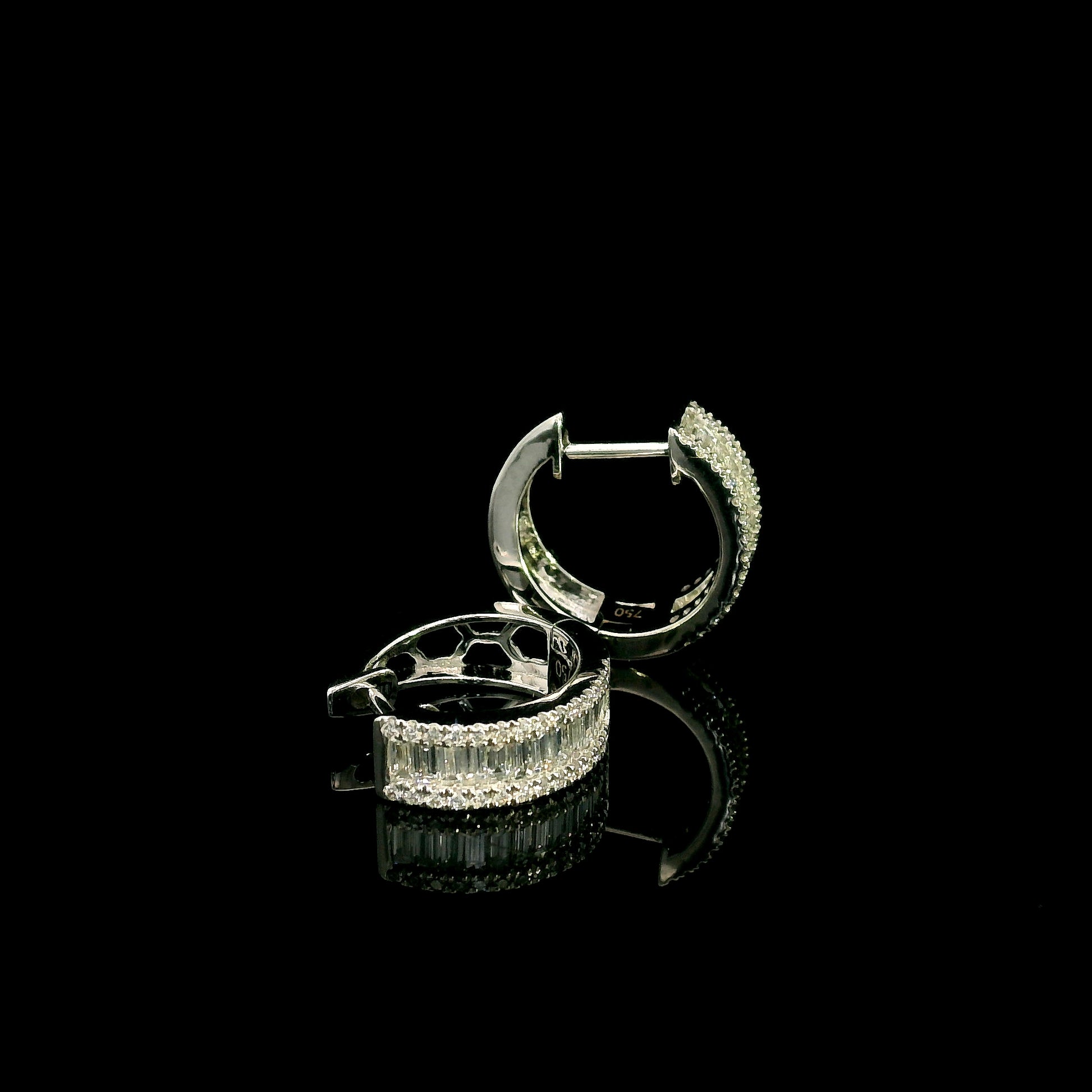 18K White Gold Baguette and Round Diamond Hoop Earrings