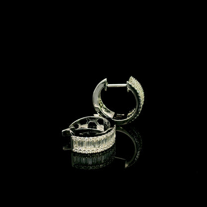 18K White Gold Baguette and Round Diamond Hoop Earrings
