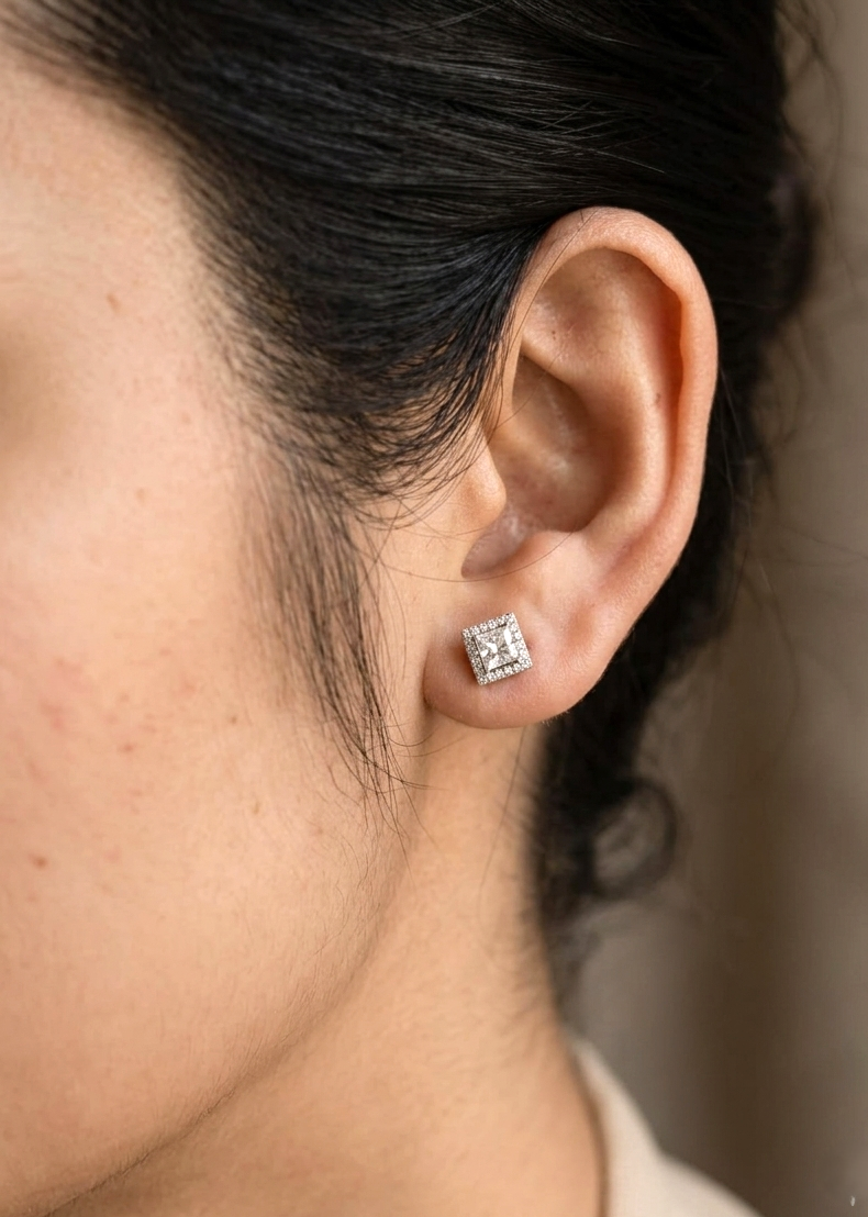 18K White Gold Princess Cut Halo Diamond Stud Earrings