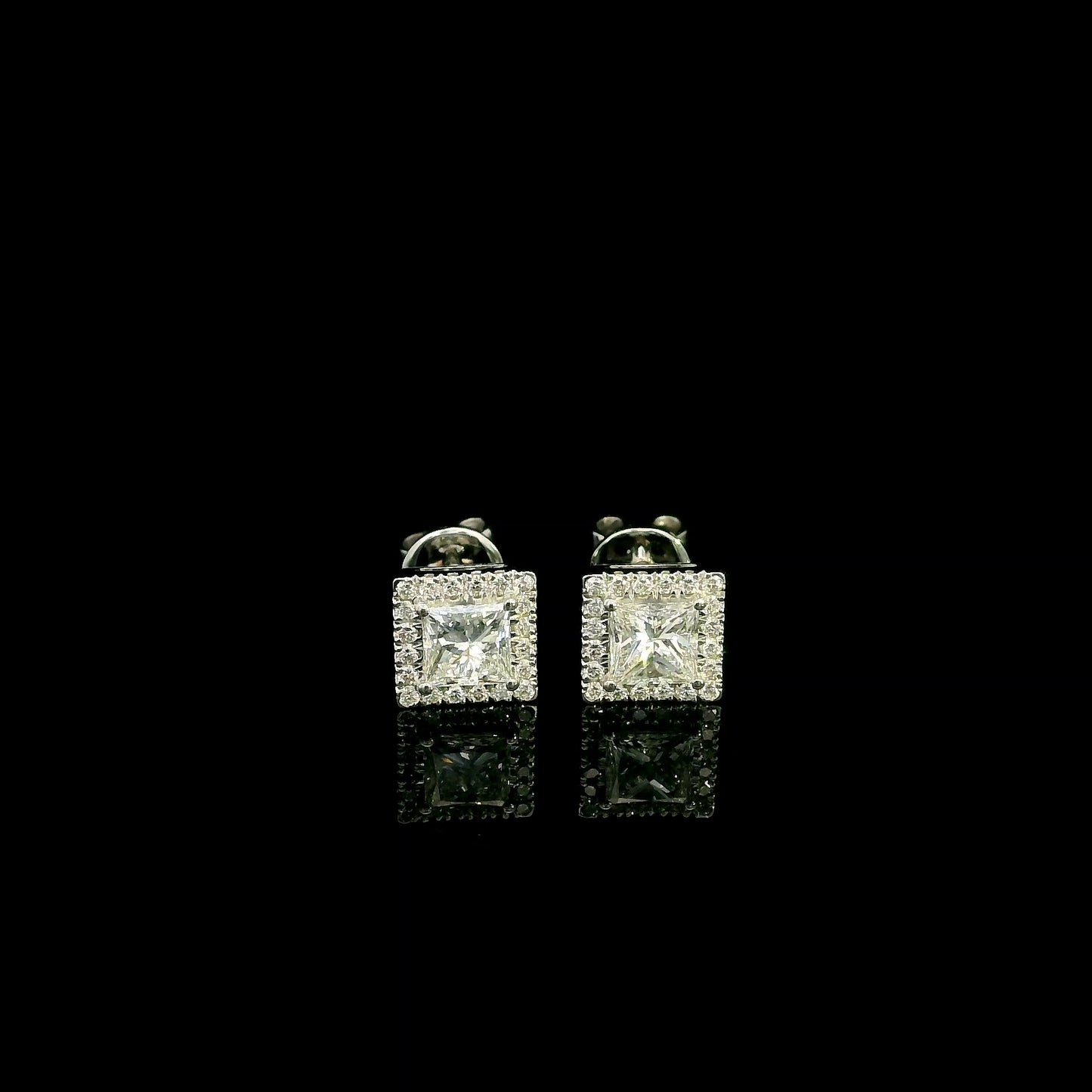 18K White Gold Princess Cut Halo Diamond Stud Earrings
