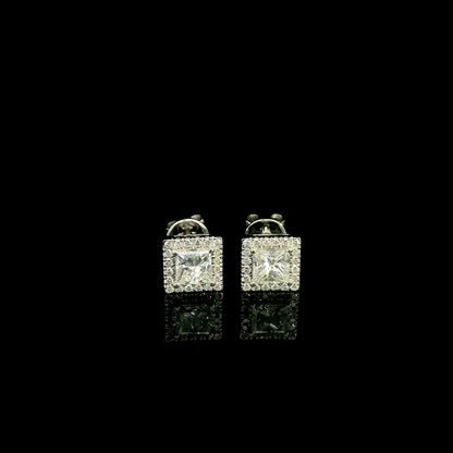 18K White Gold Princess Cut Halo Diamond Stud Earrings
