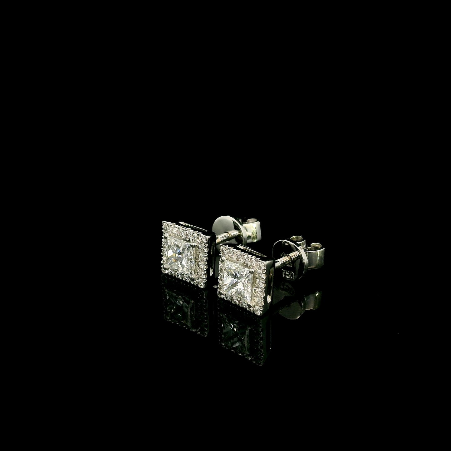 18K White Gold Princess Cut Halo Diamond Stud Earrings