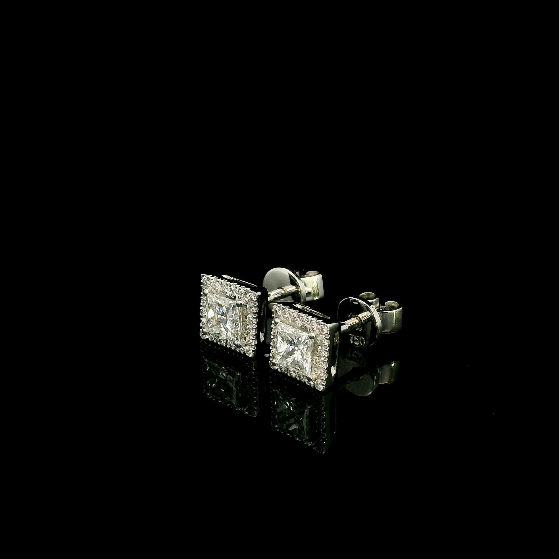 18K White Gold Princess Cut Halo Diamond Stud Earrings