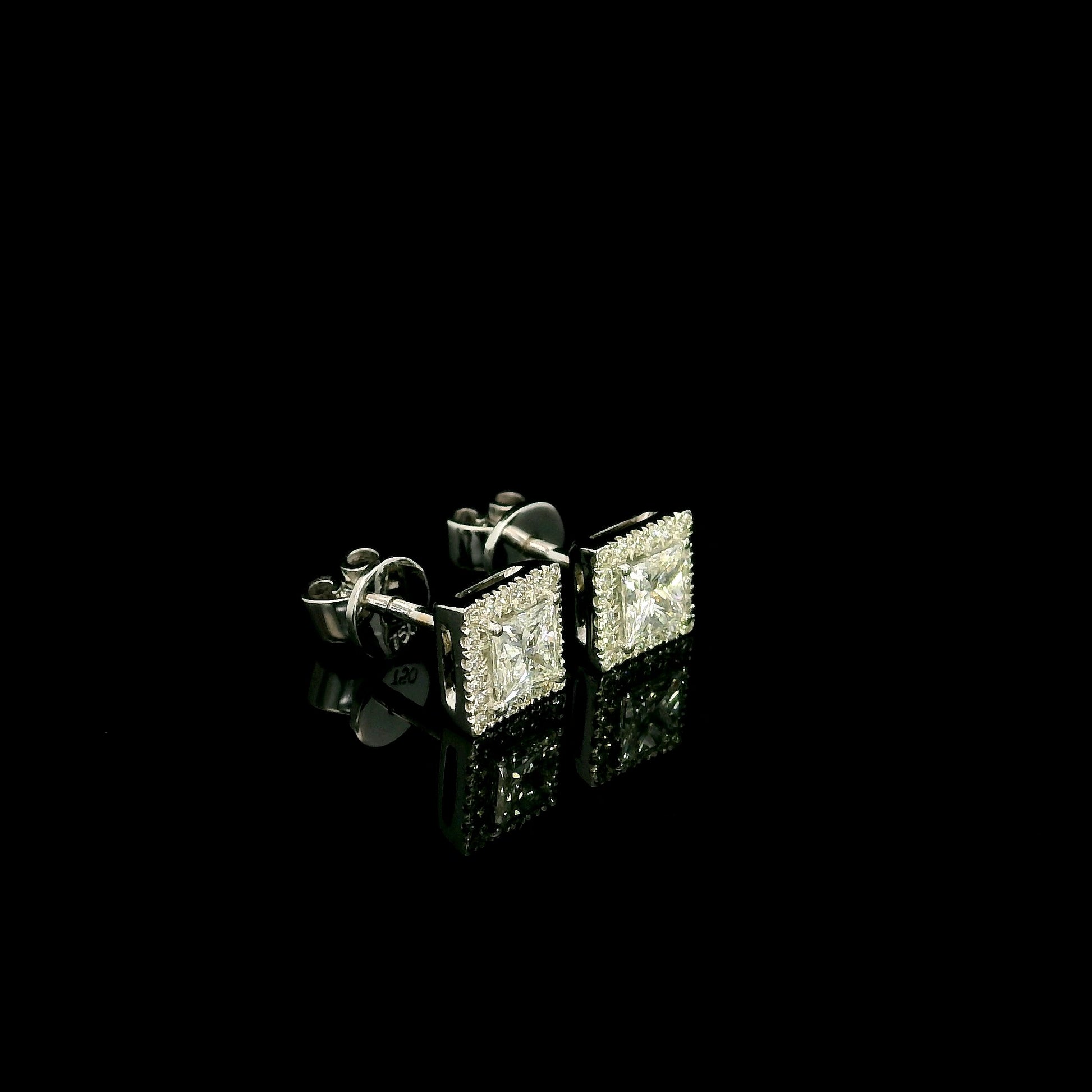 18K White Gold Princess Cut Halo Diamond Stud Earrings