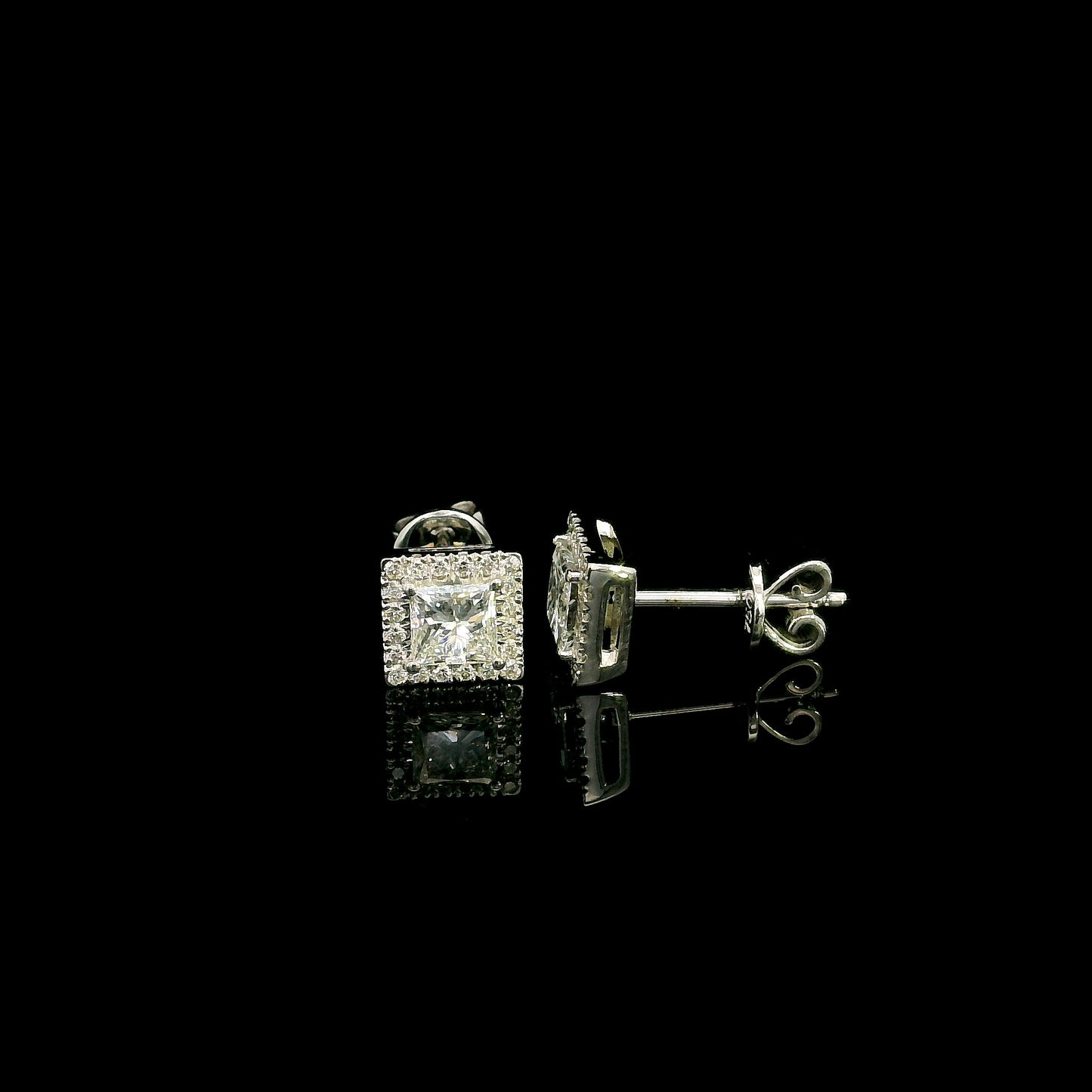 18K White Gold Princess Cut Halo Diamond Stud Earrings