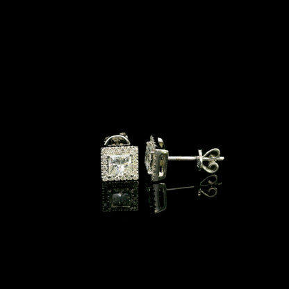 18K White Gold Princess Cut Halo Diamond Stud Earrings