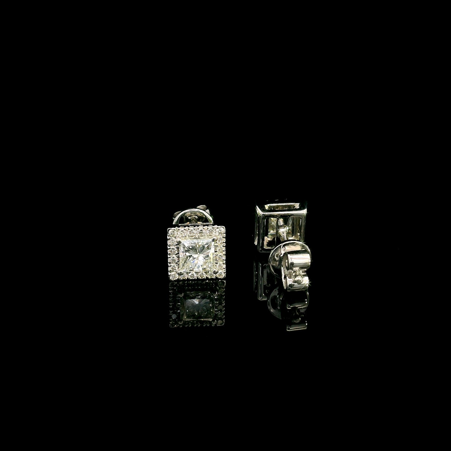 18K White Gold Princess Cut Halo Diamond Stud Earrings