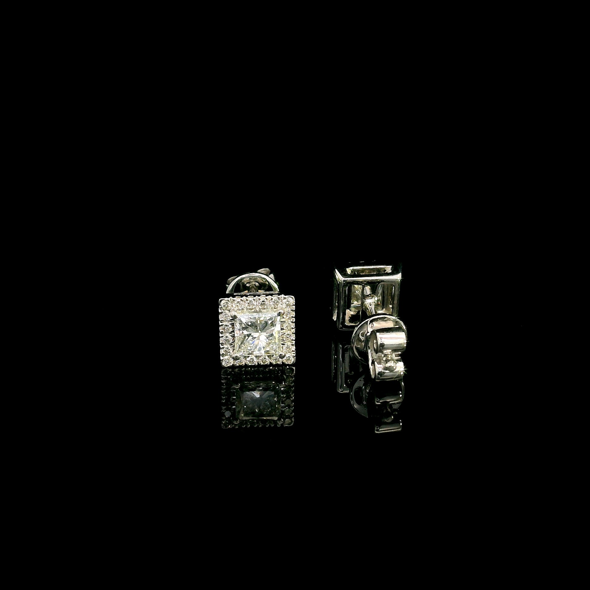 18K White Gold Princess Cut Halo Diamond Stud Earrings