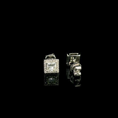 18K White Gold Princess Cut Halo Diamond Stud Earrings