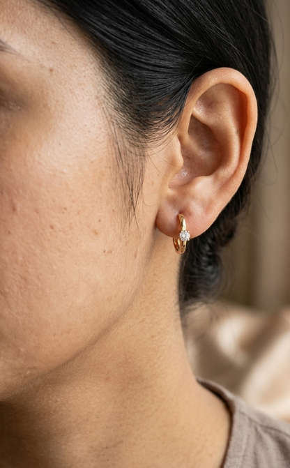 18K rose gold diamond huggie hoop earrings with round solitaire diamonds