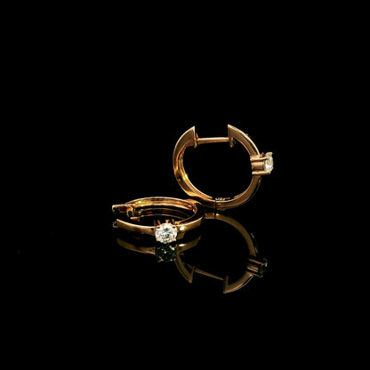 18K rose gold diamond huggie hoop earrings with round solitaire diamonds